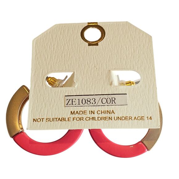 Hoop Earrings Pink, Gold Tone Chunky Acrylic 1.19" HEMU New York w/ Gift Bag - Picture 5 of 8